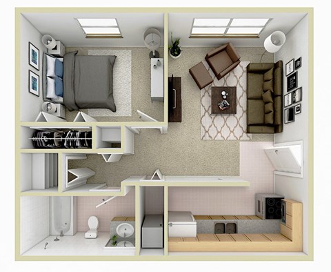 Floor plan for 1 bed, 1 bath, 576 sqft
